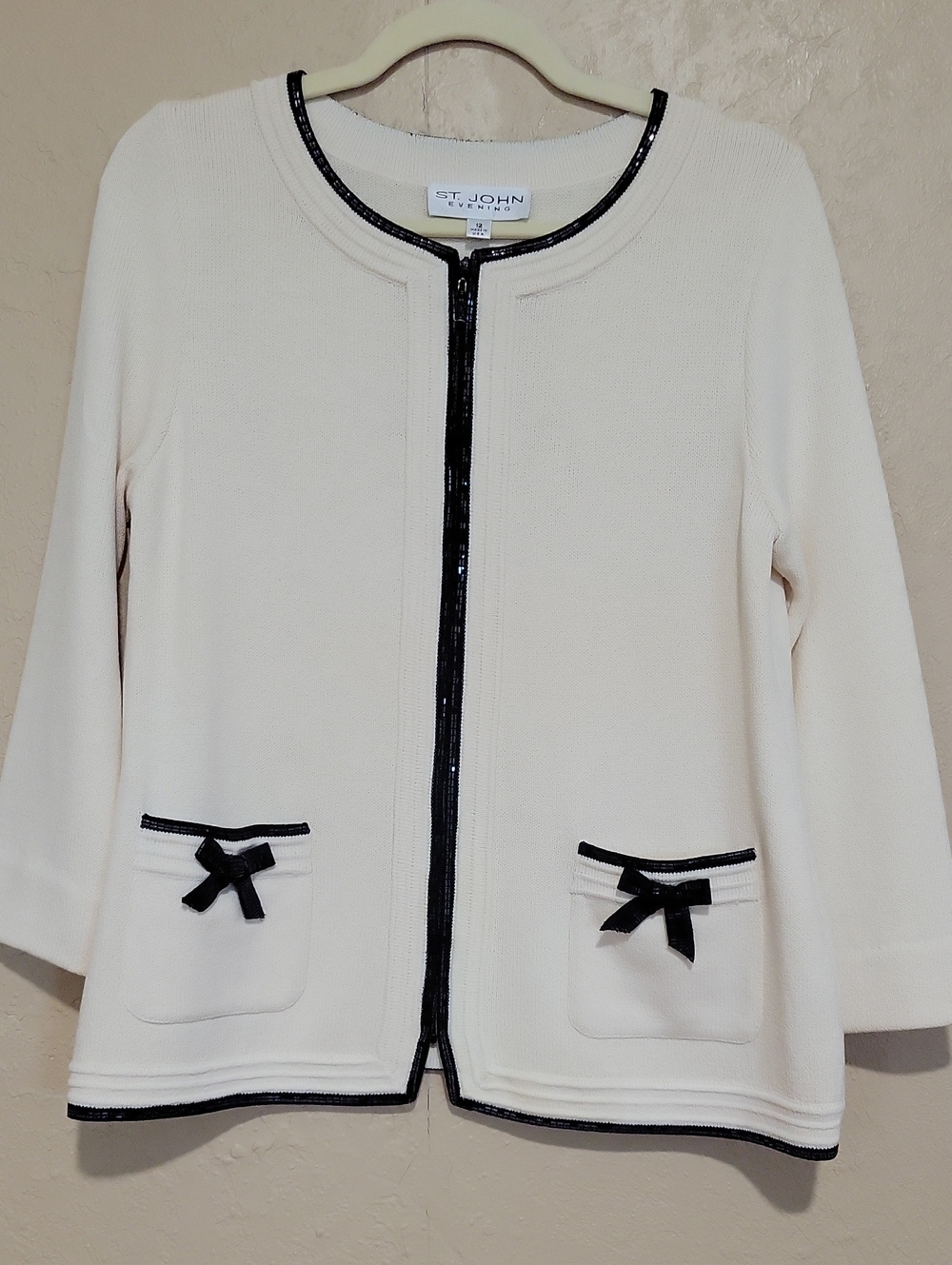 St. John Cream Knit Zip-Front Jacket with Black Trim and Bows